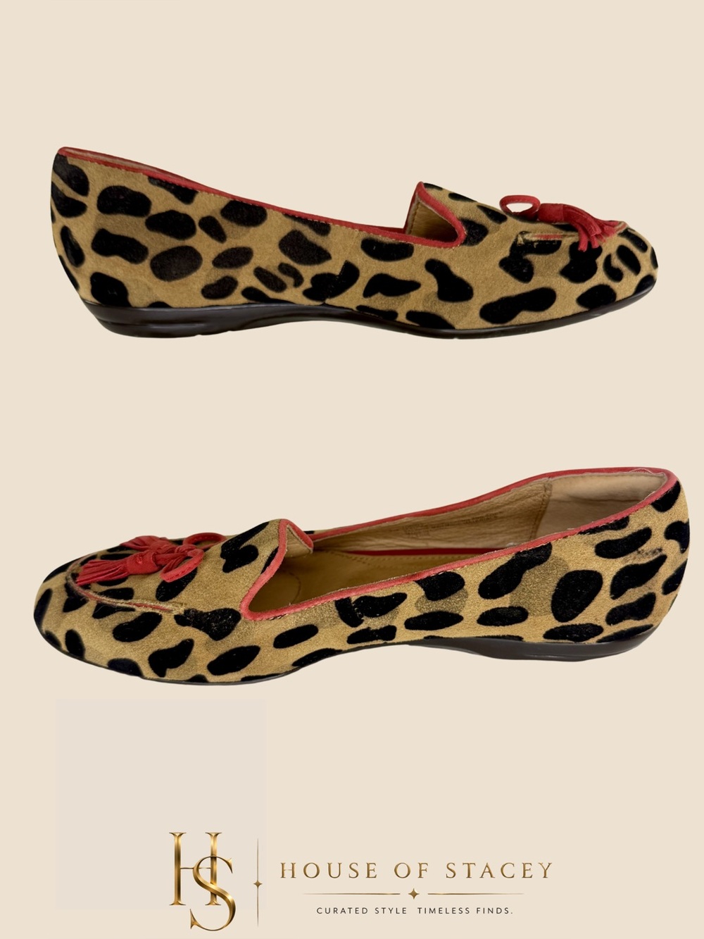 Sofft Leopard Print Suede Flats w/ Red Tassel Bow – Women’s 8M